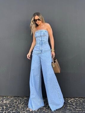 Denim Wide Leg Pant & Strapless Asymmetrical Top Set